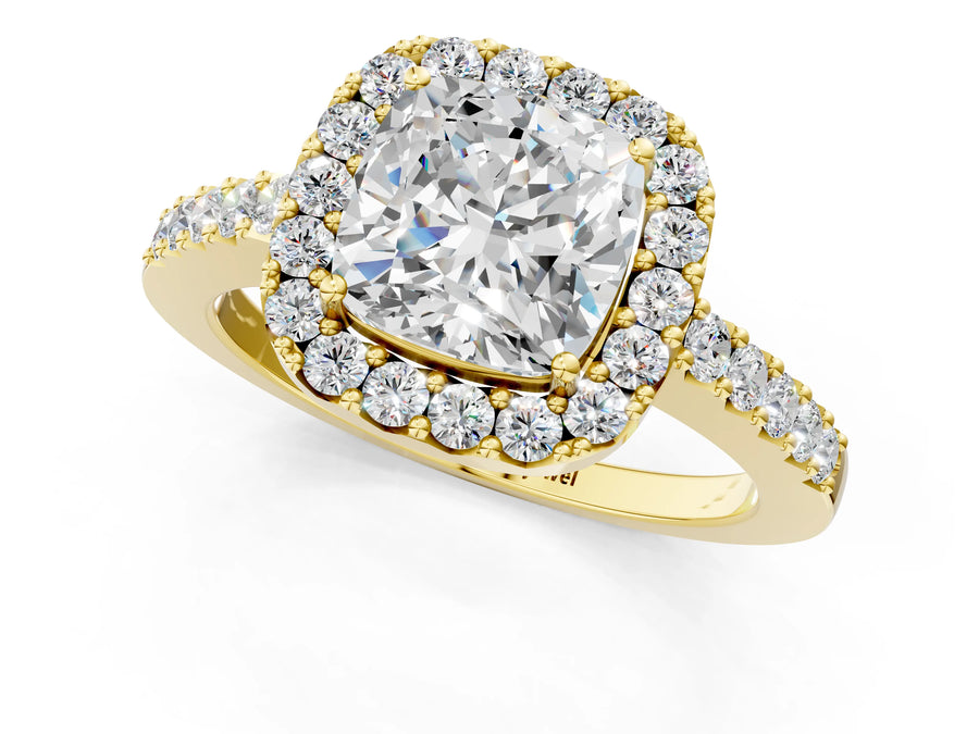 Yellow gold Cushion Halo Diamond Pavé Solitaire Ring