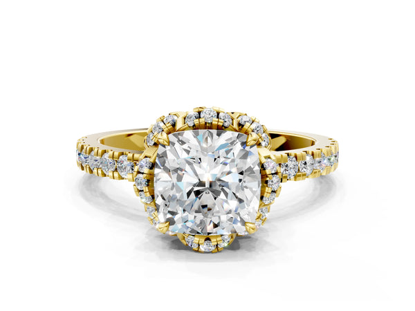 Yellow gold Cushion Halo Diamond Pave Band Ring with Four-Prong Setting