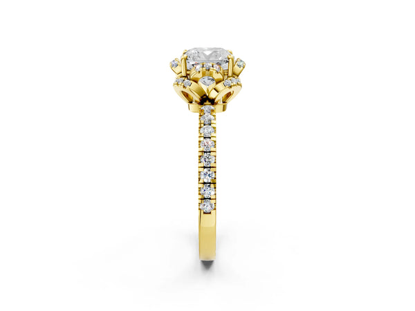Yellow gold Cushion Halo Diamond Pave Band Ring with Four-Prong Setting