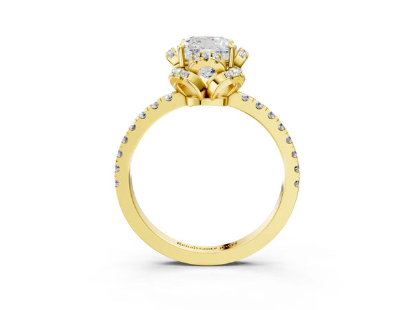 Yellow gold Cushion Halo Diamond Pave Band Ring with Four-Prong Setting