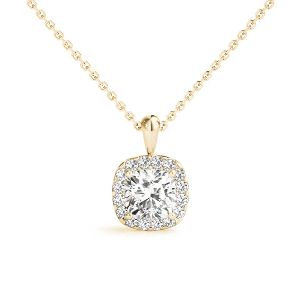 Yellow gold Cushion Halo Diamond Pendant with Four-Prong Setting