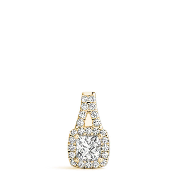 Yellow gold Cushion Halo Diamond Pendant with Princess Cut Stone and Four-Prong Setting