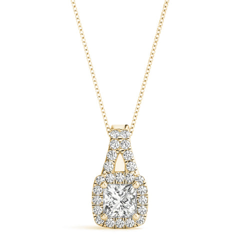 Yellow gold Cushion Halo Diamond Pendant with Princess Cut Stone and Four-Prong Setting