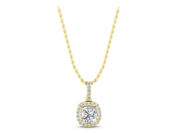 Yellow gold Cushion Halo Diamond Pendant with Prong Setting