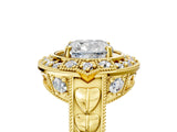Yellow gold Cushion Halo Diamond Ring with Milgrain Bezel and Prong Setting_11