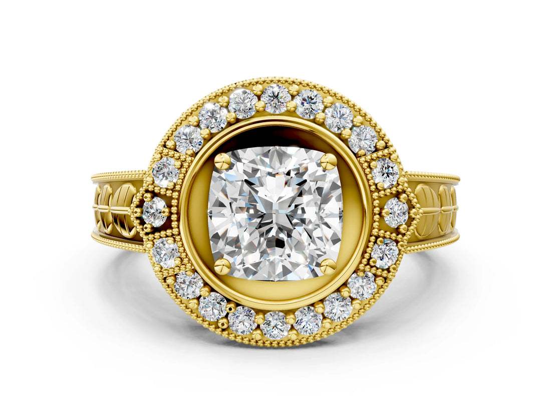 Yellow gold Cushion Halo Diamond Ring with Milgrain Bezel and Prong Setting_6