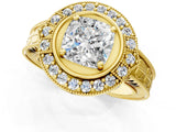 Yellow gold Cushion Halo Diamond Ring with Milgrain Bezel and Prong Setting_7