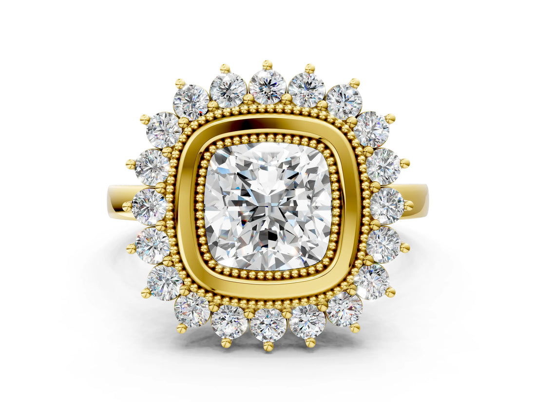 Yellow gold Cushion Halo Diamond Ring with Milgrain Edge and Round Prong Setting_24