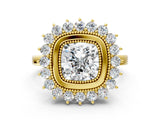 Yellow gold Cushion Halo Diamond Ring with Milgrain Edge and Round Prong Setting_24