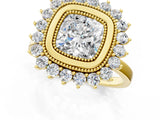 Yellow gold Cushion Halo Diamond Ring with Milgrain Edge and Round Prong Setting_25