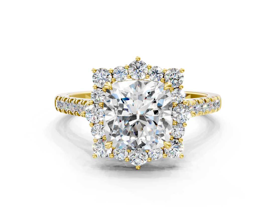 Yellow gold Cushion Halo Diamond Ring with Pavé Band and Prong Setting_37