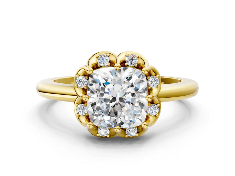 Yellow gold Cushion Halo Diamond Ring with Round Cluster Setting, Solitaire Band, and Four-Prong Setting