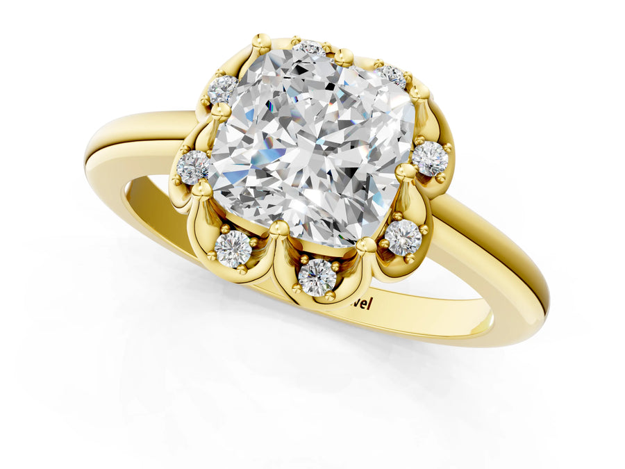 Yellow gold Cushion Halo Diamond Ring with Round Cluster Setting, Solitaire Band, and Four-Prong Setting