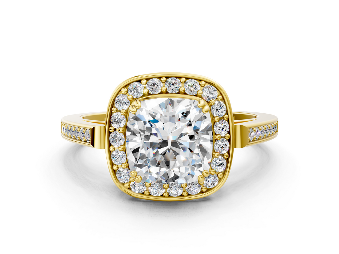 Yellow gold Cushion Halo Diamond Ring with Split Shank and Four-Prong Setting_57