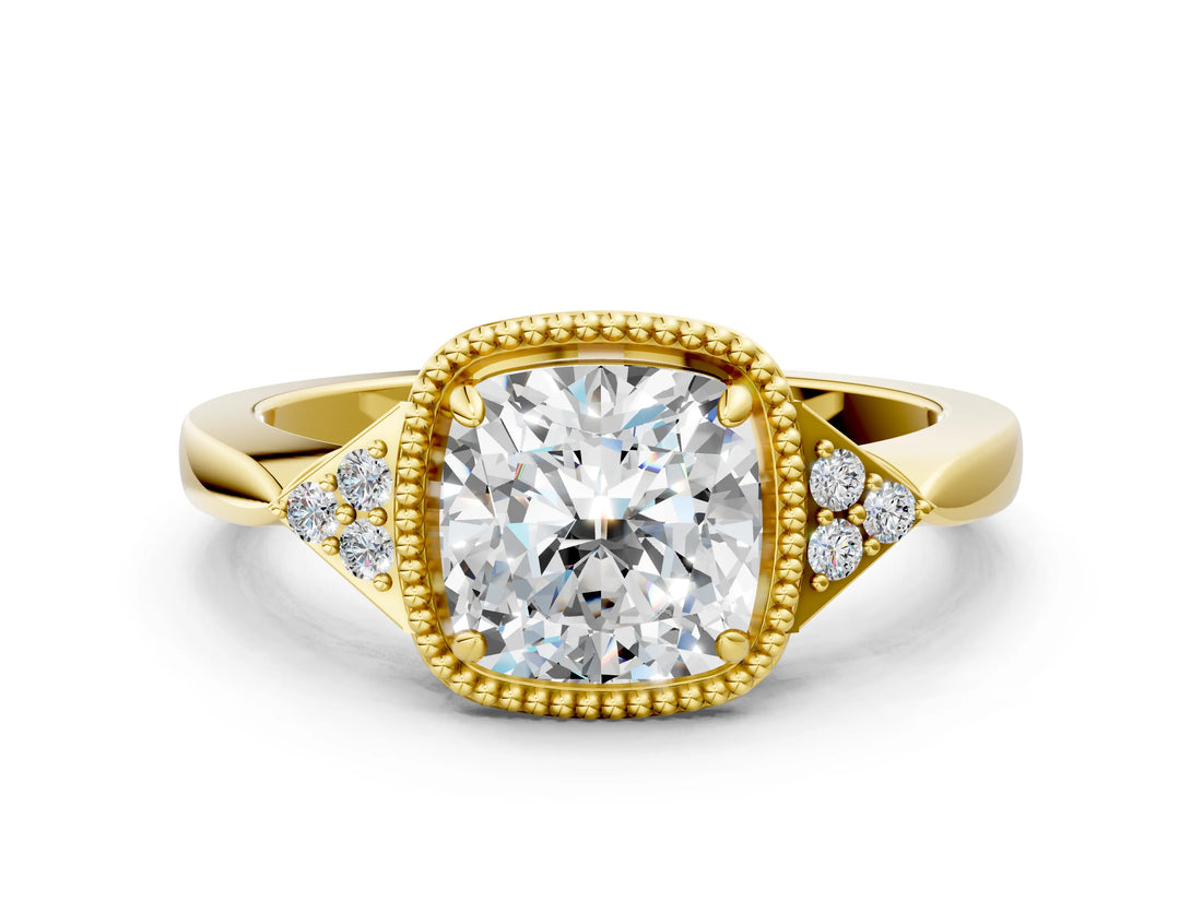 Yellow gold Cushion Halo Diamond Ring with Tapered Band and Four-Prong Setting_10