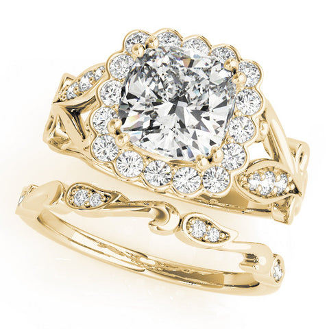 Yellow gold Cushion Halo Diamond Ring with Vintage Split Shank and Four-Prong Setting 1