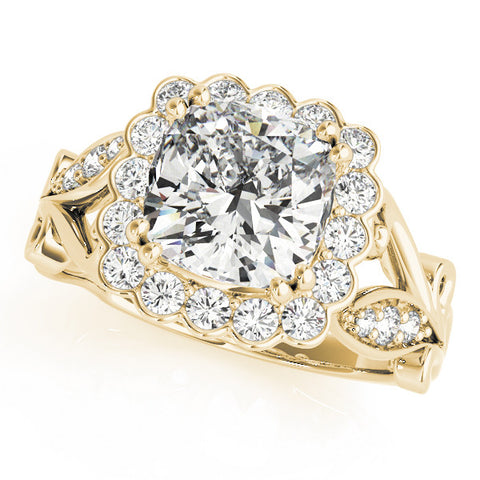 Yellow gold Cushion Halo Diamond Ring with Vintage Split Shank and Four-Prong Setting