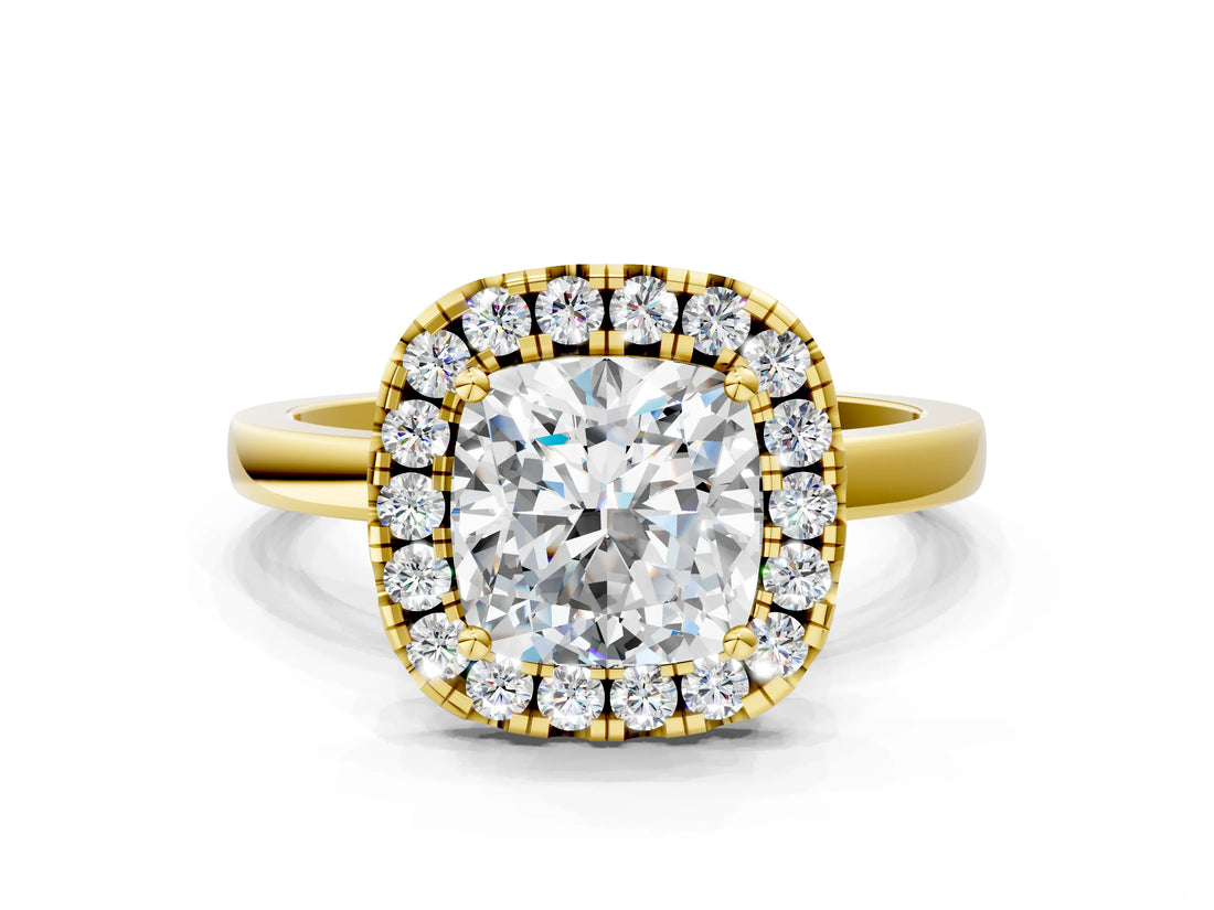 Yellow gold Cushion Halo Diamond Solitaire with Pavé Band and Four-Prong Setting_87
