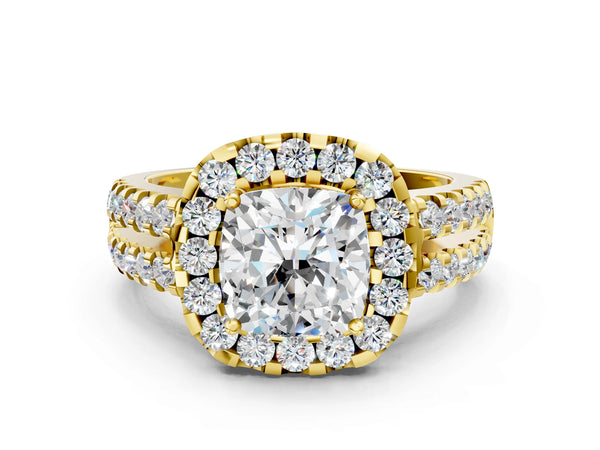 Yellow gold Cushion Halo Diamond Split Shank Engagement Ring with Prong Setting