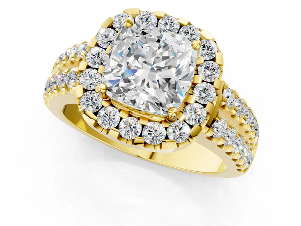 Yellow gold Cushion Halo Diamond Split Shank Engagement Ring with Prong Setting