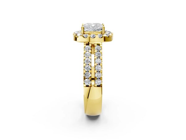 Yellow gold Cushion Halo Diamond Split Shank Engagement Ring with Prong Setting