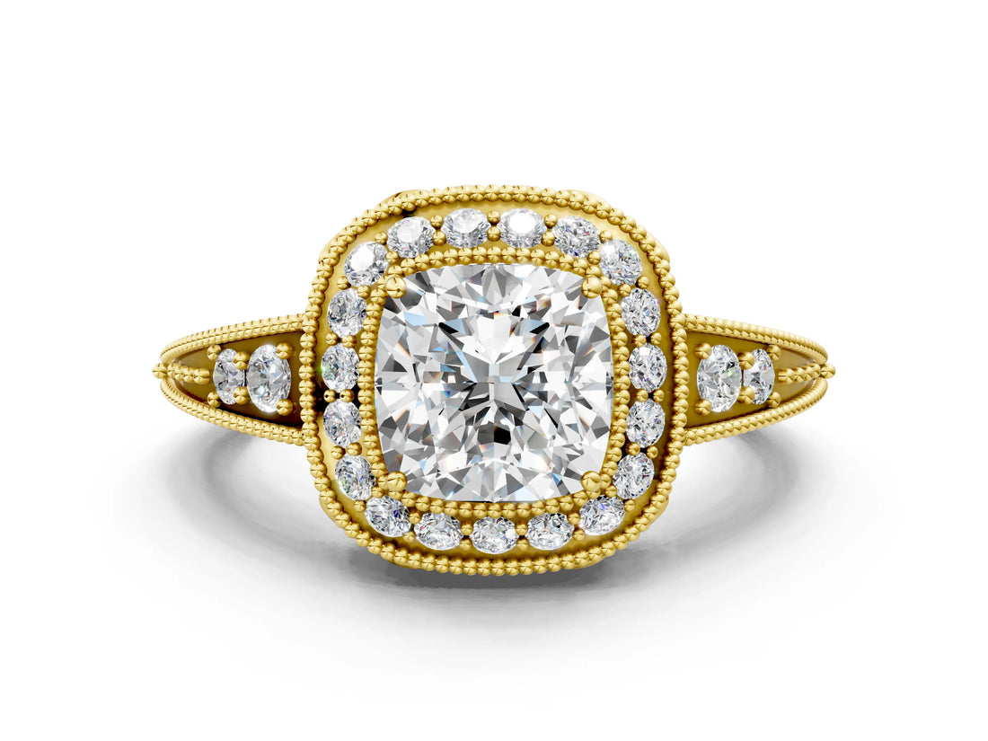 Yellow gold Cushion Halo Diamond Split Shank Ring with Milgrain Detail_48