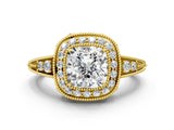 Yellow gold Cushion Halo Diamond Split Shank Ring with Milgrain Detail_48