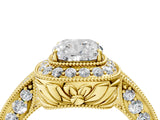 Yellow gold Cushion Halo Diamond Split Shank Ring with Milgrain Detail_52