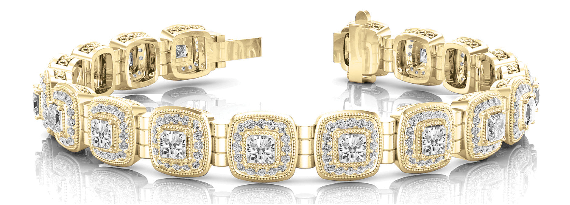 Yellow gold Cushion Halo Diamond Tennis Bracelet with Channel Band and Bezel Setting