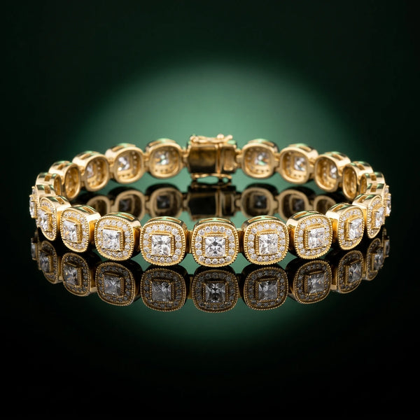 Yellow gold Cushion Halo Diamond Tennis Bracelet with Channel Band and Bezel Setting