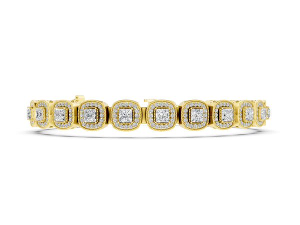 Yellow gold Cushion Halo Diamond Tennis Bracelet with Channel Band and Bezel Setting