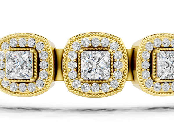 Yellow gold Cushion Halo Diamond Tennis Bracelet with Channel Band and Bezel Setting
