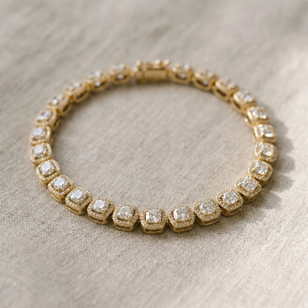 Yellow gold Cushion Halo Diamond Tennis Bracelet with Channel Band and Bezel Setting
