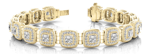 Yellow gold Cushion Halo Diamond Tennis Bracelet with Channel Band and Bezel Setting