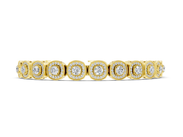 Yellow gold Cushion Halo Diamond Tennis Bracelet with Pave Setting