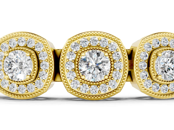 Yellow gold Cushion Halo Diamond Tennis Bracelet with Pave Setting