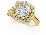 Yellow gold Cushion Halo Milgrain Pave Diamond Ring with Four-Prong Setting 1