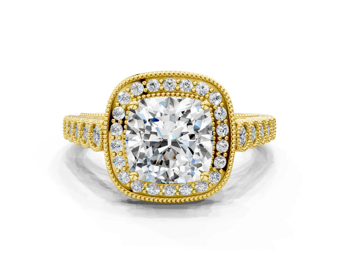 Yellow gold Cushion Halo Milgrain Solitaire with Bezel Set Side Stones and Pave Band_35