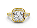 Yellow gold Cushion Halo Milgrain Solitaire with Bezel Set Side Stones and Pave Band_35