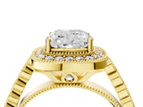 Yellow gold Cushion Halo Milgrain Solitaire with Bezel Set Side Stones and Pave Band_39