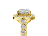 Yellow gold Cushion Halo Milgrain Solitaire with Bezel Set Side Stones and Pave Band_40