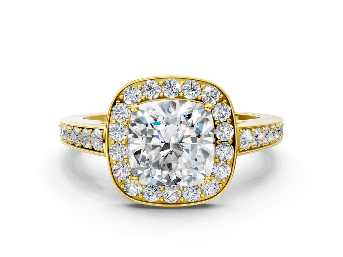 Yellow gold Cushion Halo Pavé Diamond Engagement Ring with Bezel Setting_20