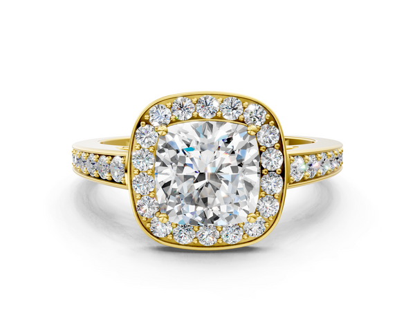 Yellow gold Cushion Halo Pavé Diamond Engagement Ring with Bezel Setting