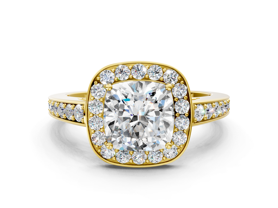 Yellow gold Cushion Halo Pavé Diamond Engagement Ring with Bezel Setting