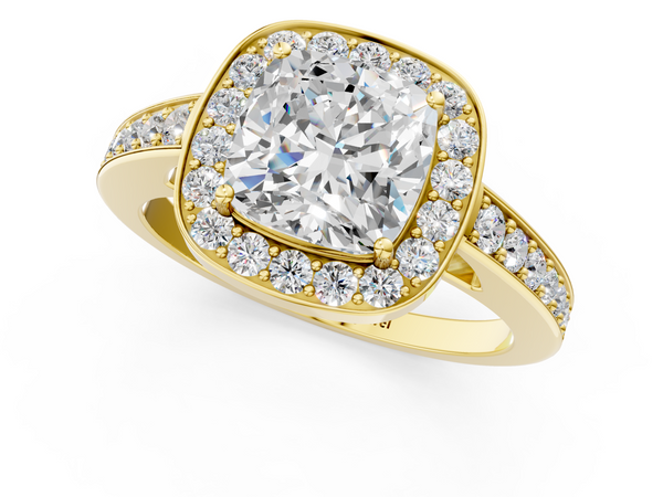 Yellow gold Cushion Halo Pavé Diamond Engagement Ring with Bezel Setting