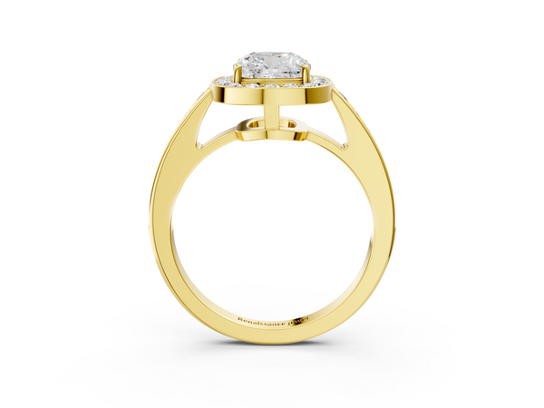 Yellow gold Cushion Halo Pavé Diamond Engagement Ring with Bezel Setting
