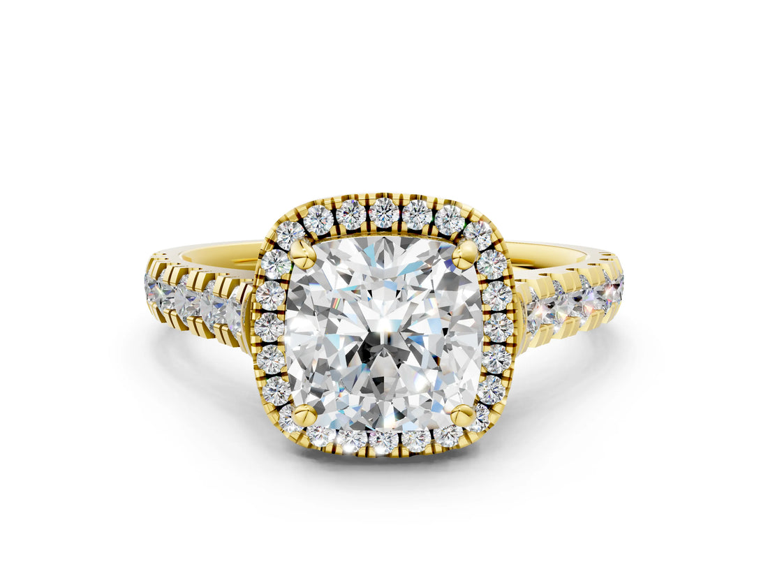 Yellow gold Cushion Halo Pavé Diamond Engagement Ring with Four-Prong Setting_27