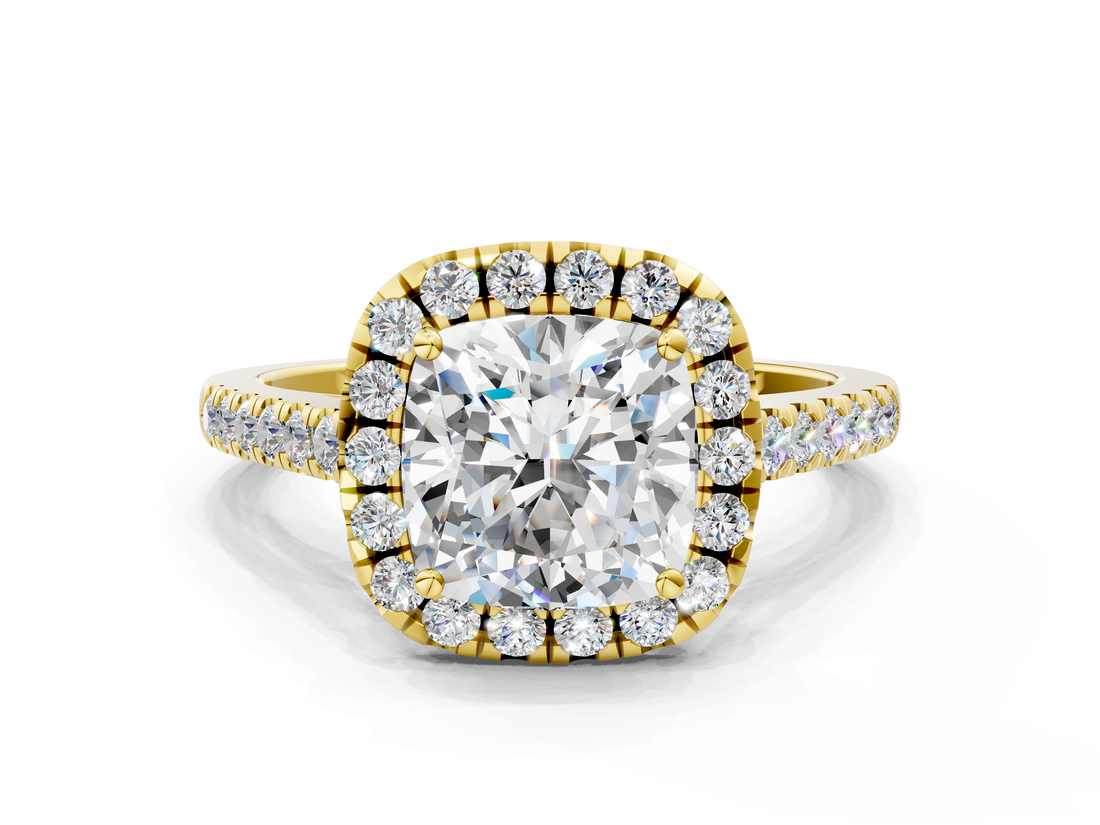 Yellow gold Cushion Halo Pavé Diamond Engagement Ring with Four-Prong Setting_7