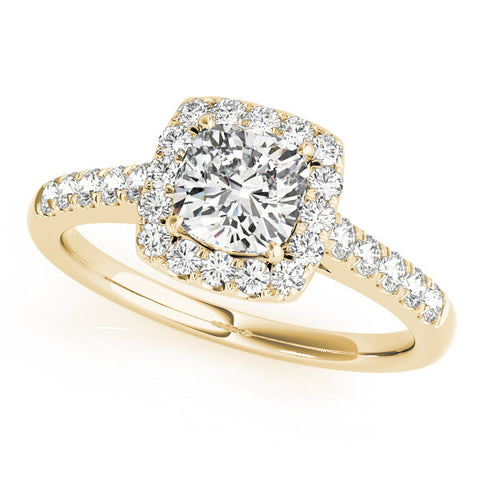 Yellow gold Cushion Halo Pavé Diamond Engagement Ring with Four-Prong Setting