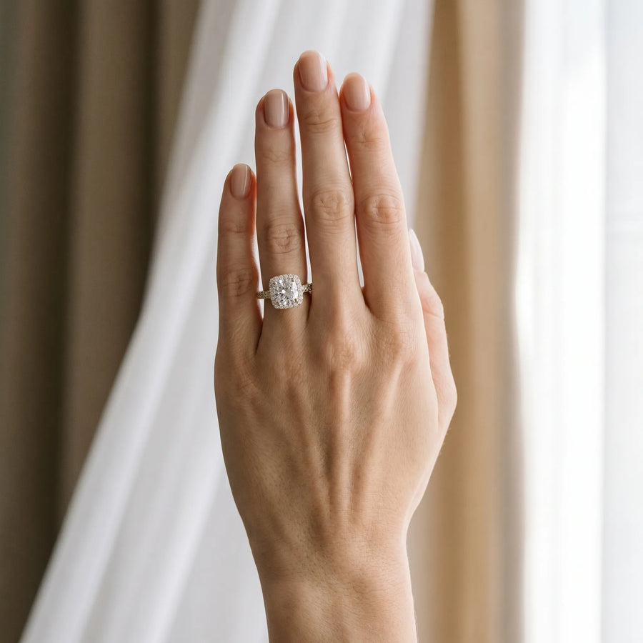 Yellow gold Cushion Halo Pave Band Prong Setting Ring